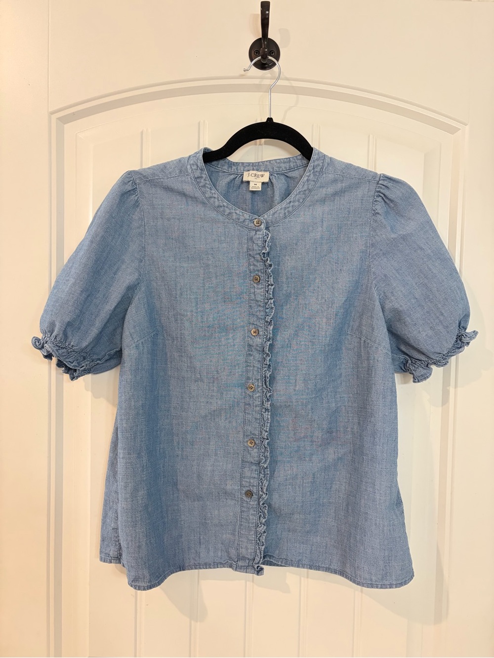 J. Crew Light Blue Chambray Puff-Sleeve Ruffle Button Blouse